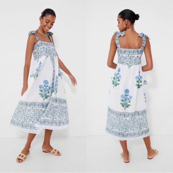 Juliet Dunn Dress Poppy Tie Shoulder Floral MidiSummer White Size 1 4/6 - Picture 9 of 9